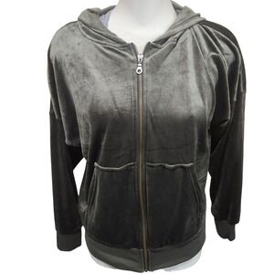 Black Bow Womens Velour Full Zip Hoodie Olive Green‎ Velvet Sweatshirt Size m
